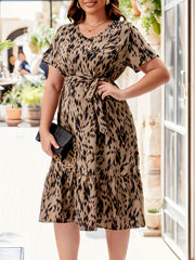 Women's Plus Leopard Print V Neck Smock Dress With Belt