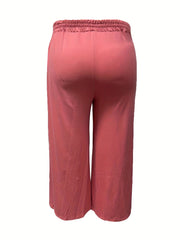 Women's Plus Solid Paperbag Elastic Waist Wide Leg Pants