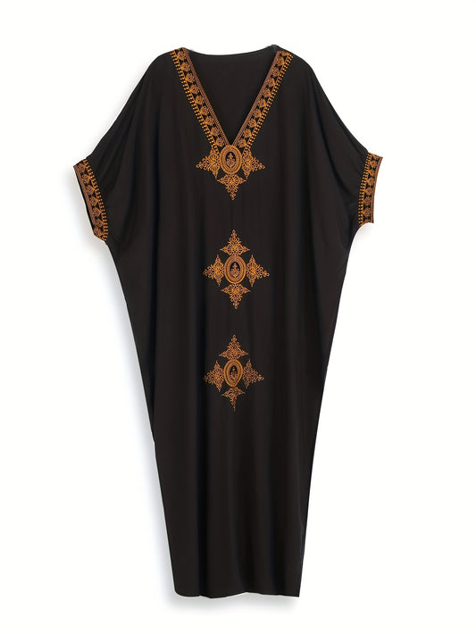 Golden Embroidered Batwing Sleeve V Neck Maxi Cover Up Dress