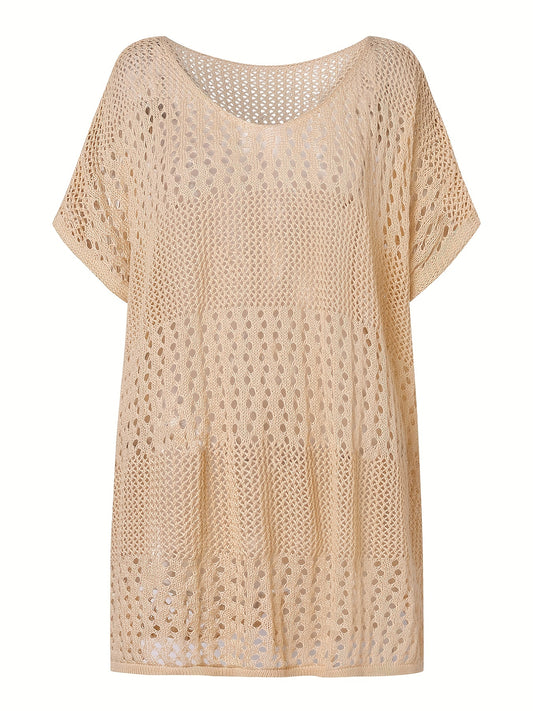 Apricot Crochet Eyelet Hollow Cove Up Dress Shorts Sleeve Solid Vacation Boho