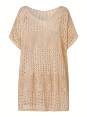 Apricot Crochet Eyelet Hollow Cove Up Dress Shorts Sleeve Solid Vacation Boho