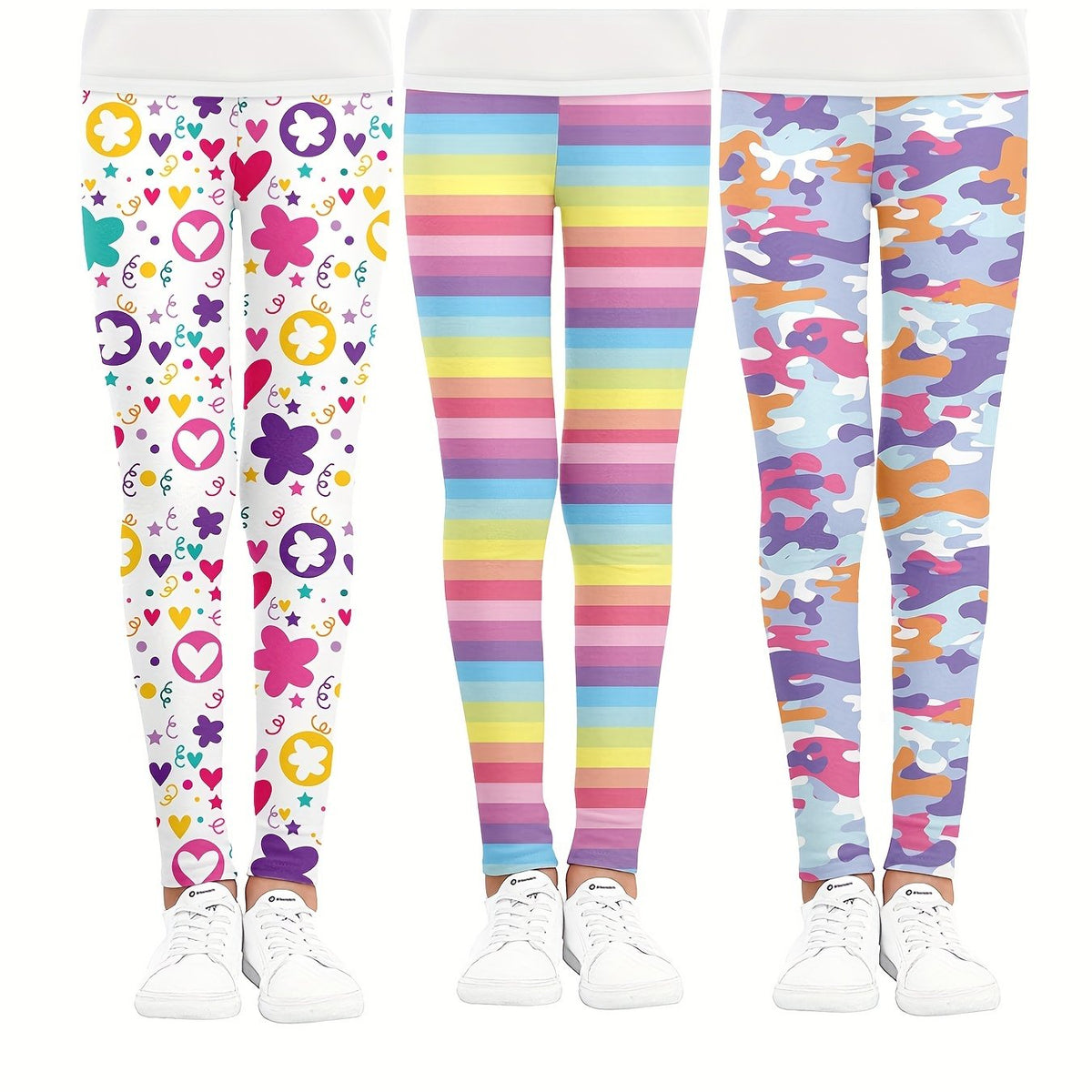 3pcs Girls Striped Camouflage And Heart Flowers Athletic Leggings