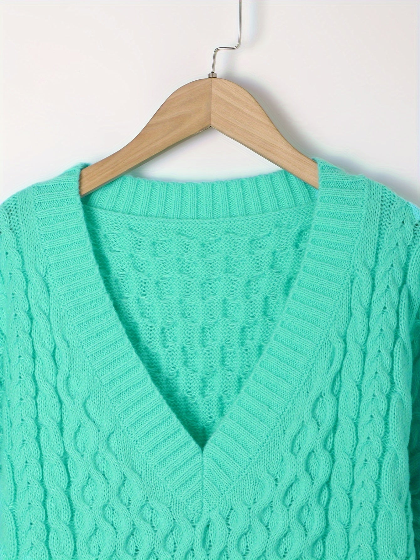  Casual Sweater Solid Cable Long Sleeve V Neck Jumper