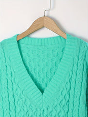  Casual Sweater Solid Cable Long Sleeve V Neck Jumper