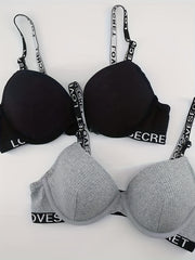 2pcs Letter Straps Push Up Bra Comfy & Breathable Women's Lingerie & Underwear