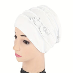 Double Flower Decor Turban Cap Head Wrap Solid Elastic Beanies Lightweight