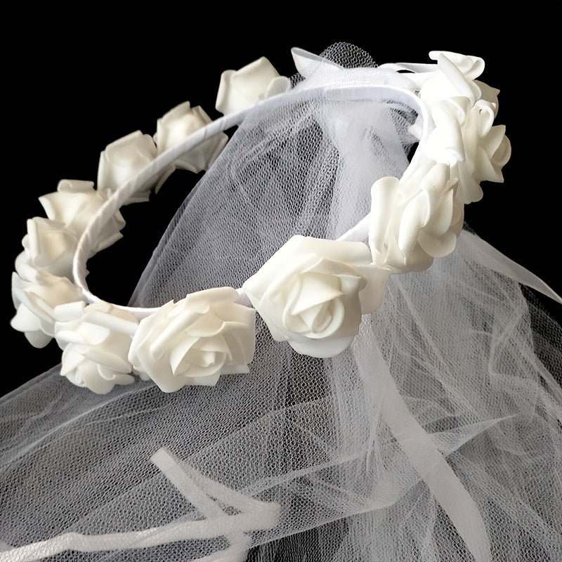 Floral Head Veil for Brides Single Rose Wreath Wedding & Bachelorette Party
