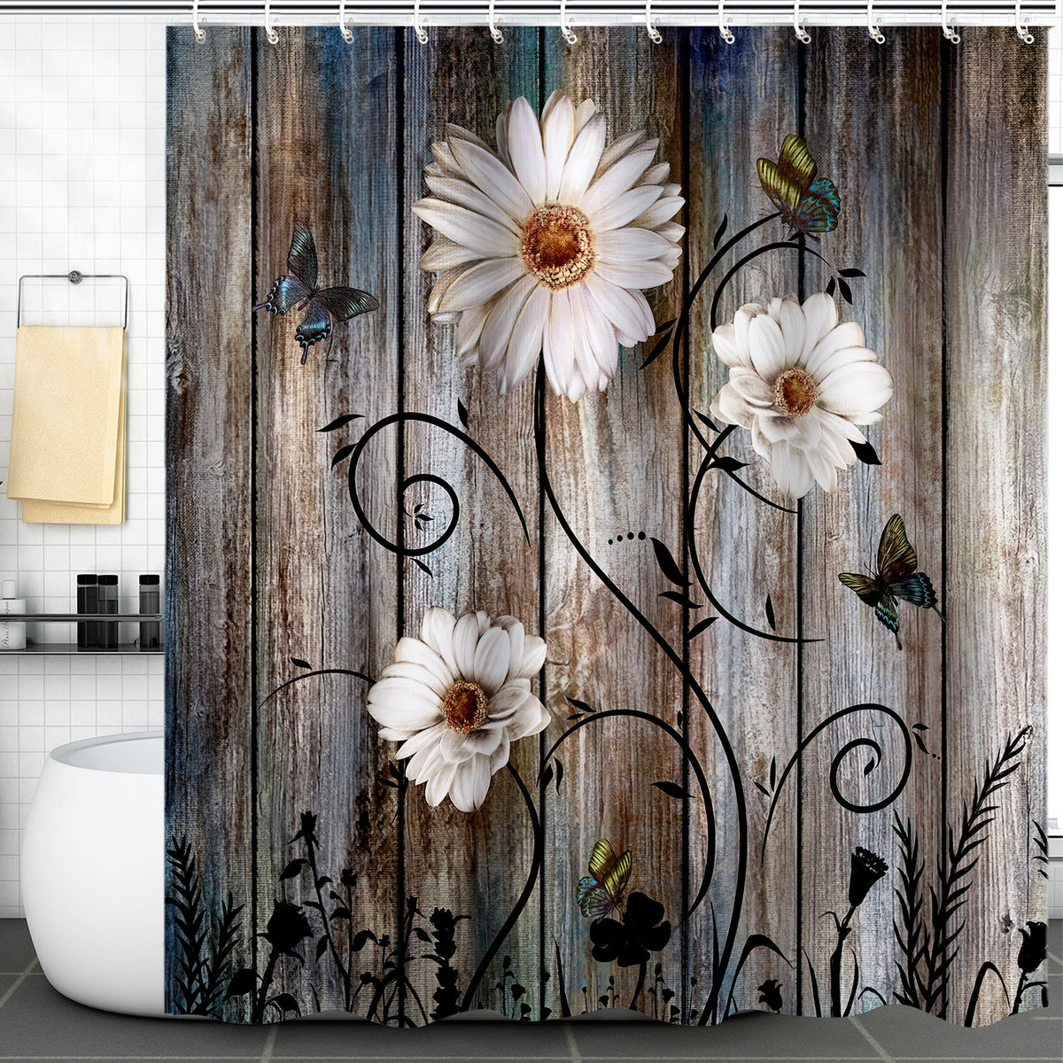 Wooden Flower Shower Curtain American Rural Style Waterproof