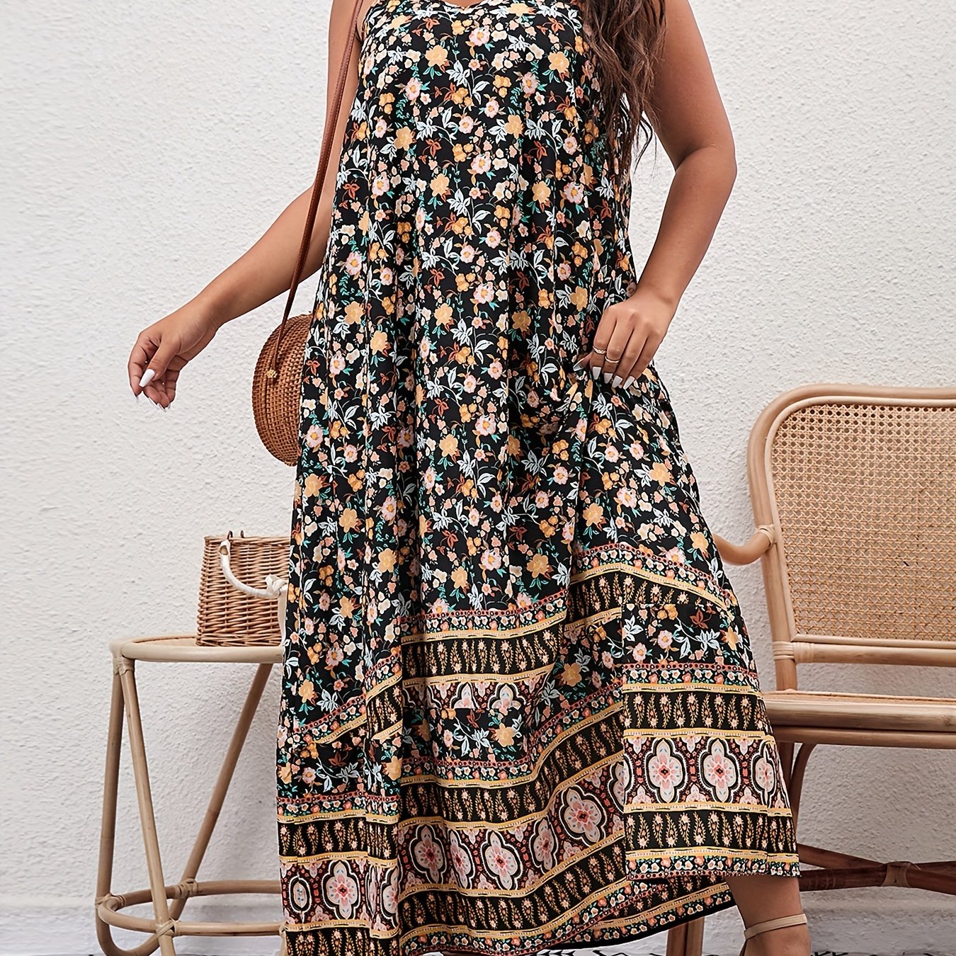  Boho Cami Dress Women's Plus Floral Print V Neck Backless Maxi