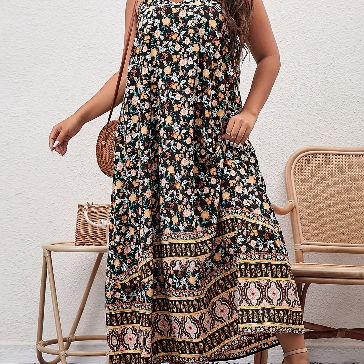 Boho Cami Dress Women's Plus Floral Print V Neck Backless Maxi