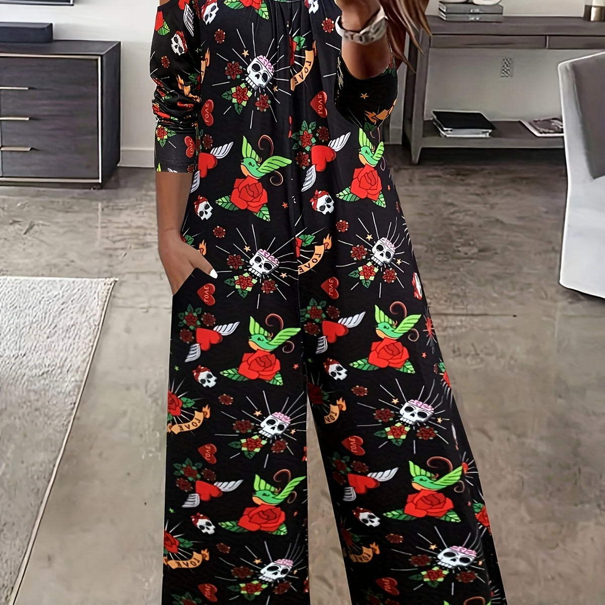  Skull & Floral Print Cold Shoulder Jumpsuit