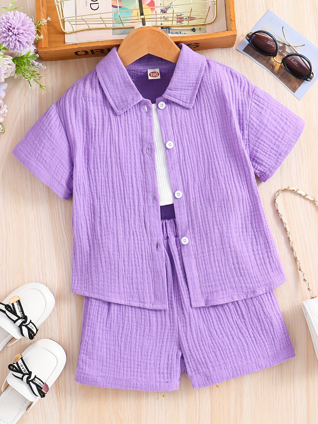 Kids Button Down Short Sleeve Jacket & Cropped Camisole & Shorts Girls Suit