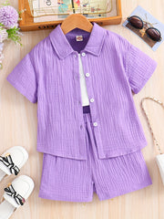 Kids Button Down Short Sleeve Jacket & Cropped Camisole & Shorts Girls Suit