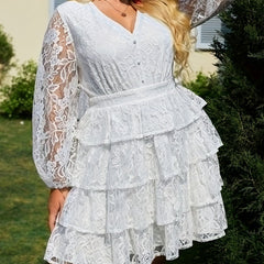  Solid Contrast Lace Lantern Sleeve V Neck Ruffle Trim Dress