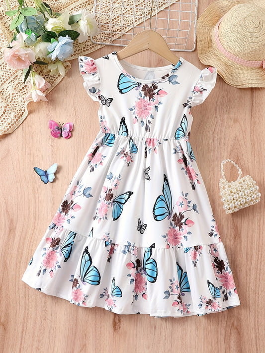 Girls Butterfly Ruffle Sleeve Cotton Dress For Party Beach Holiday
