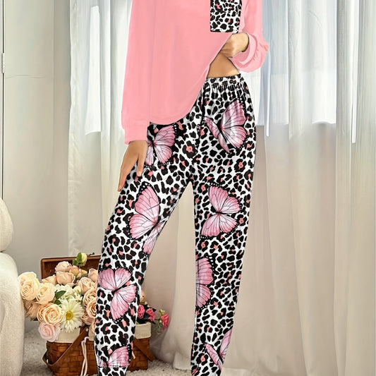 Plus Leopard & Butterfly Print Long Sleeve Top & Leggings Set