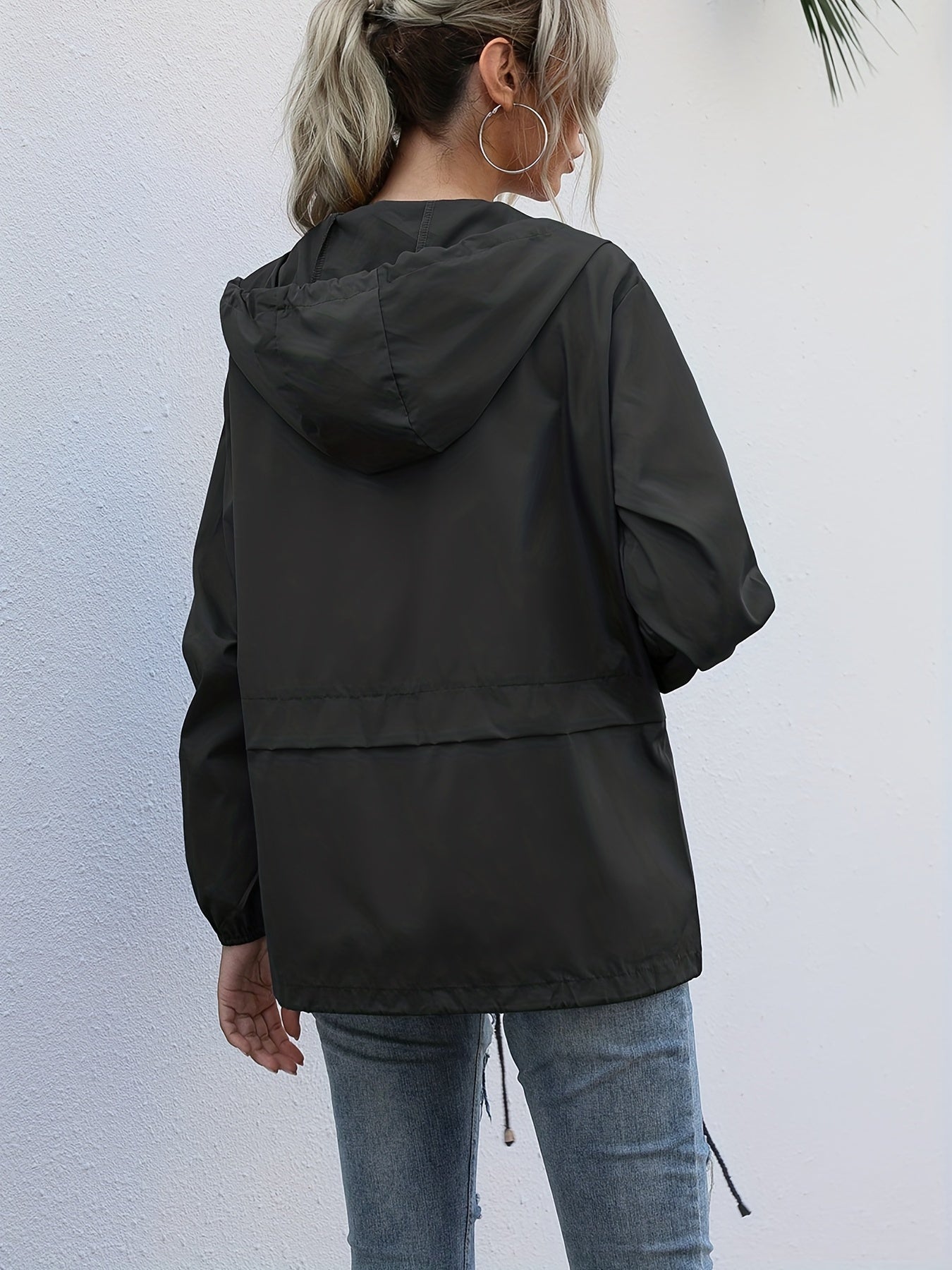 Casual Hooded Jacket Drawstring Solid Long Sleeve