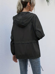 Casual Hooded Jacket Drawstring Solid Long Sleeve