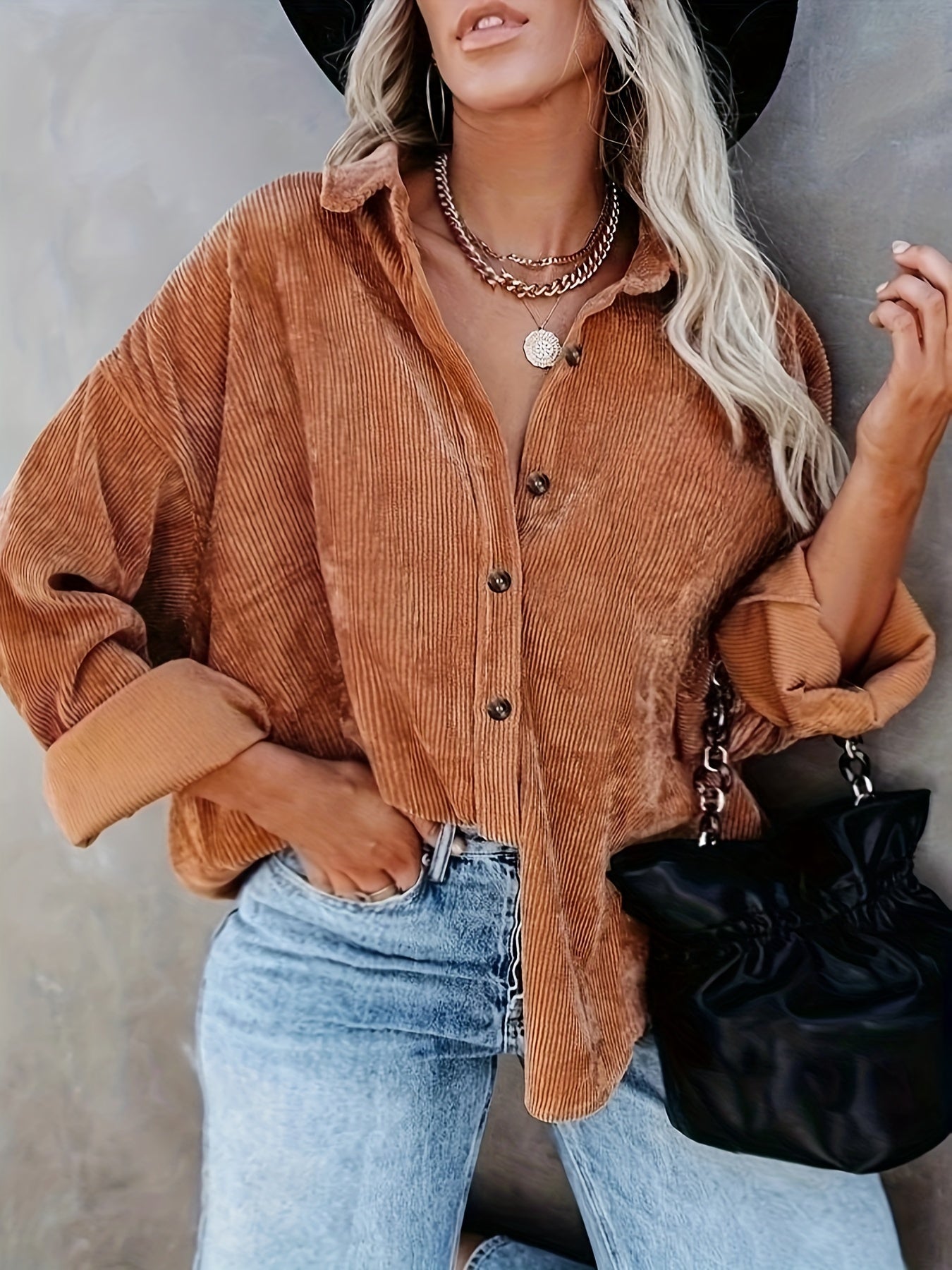  Corduroy Long Sleeve Button Up Collar Blouse