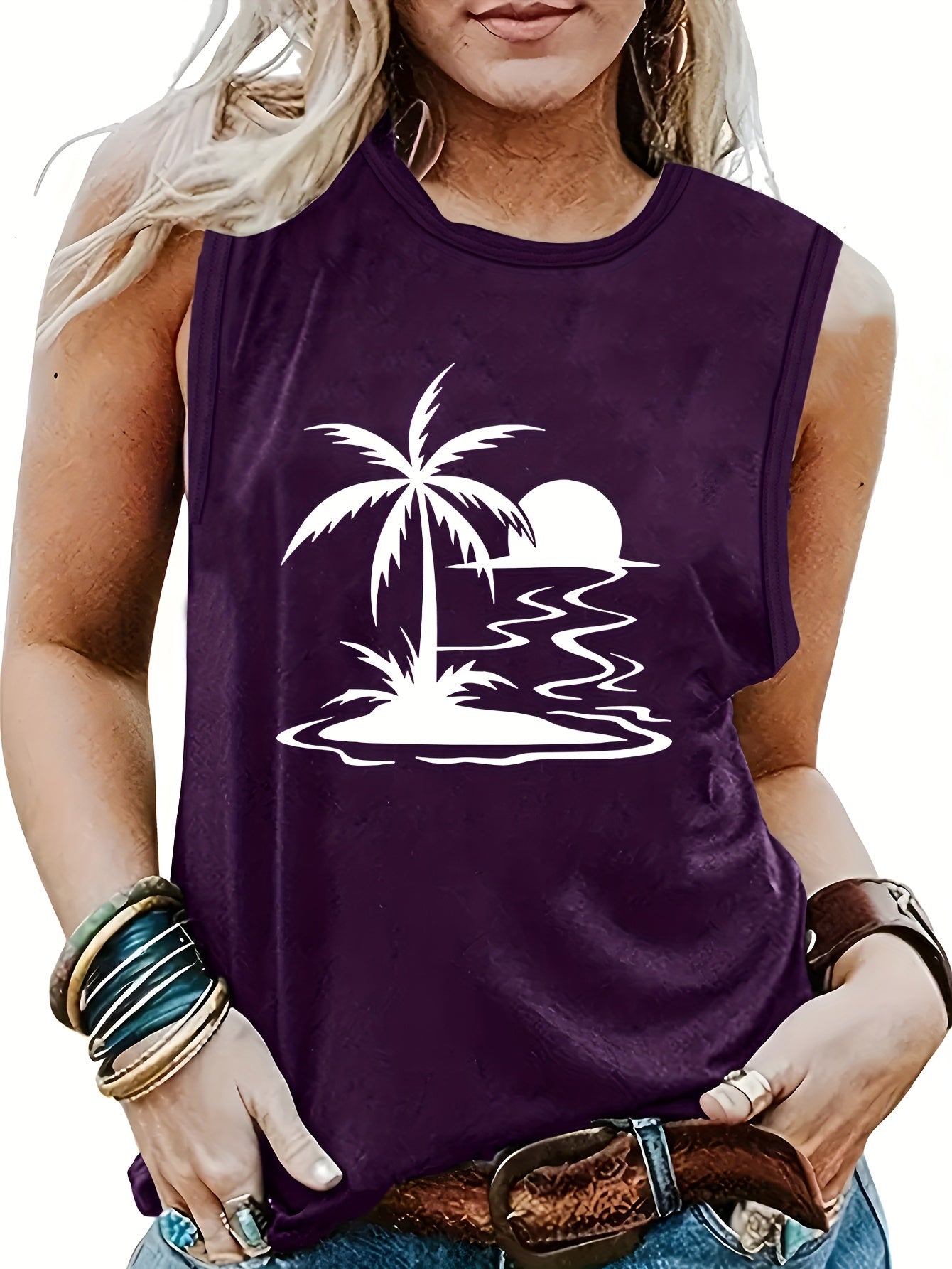 Landscape Print Crew Neck Tank Top for Summer