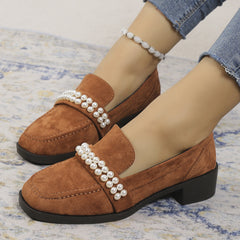 Retro Pearl Loafers Chunky Heel Shoes