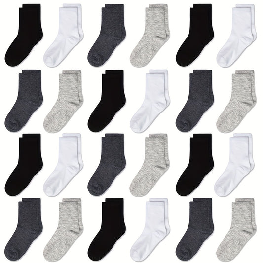 24 Pairs Kids Breathable Crew Socks Boys Girls Plain Casual Children's Socks