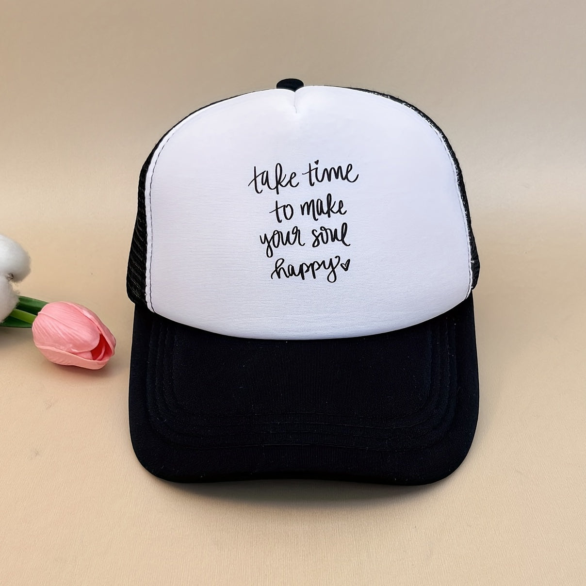 Happy Letter Print Trucker Hat Lightweight Mesh Baseball Cap Adjustable Dad Hats