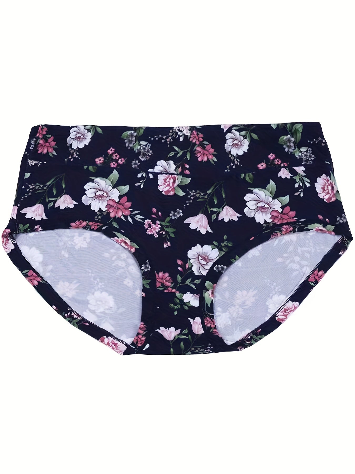 4 Pack Plus Size Panties Set Women's Plus Floral Print High Stretch Briefs