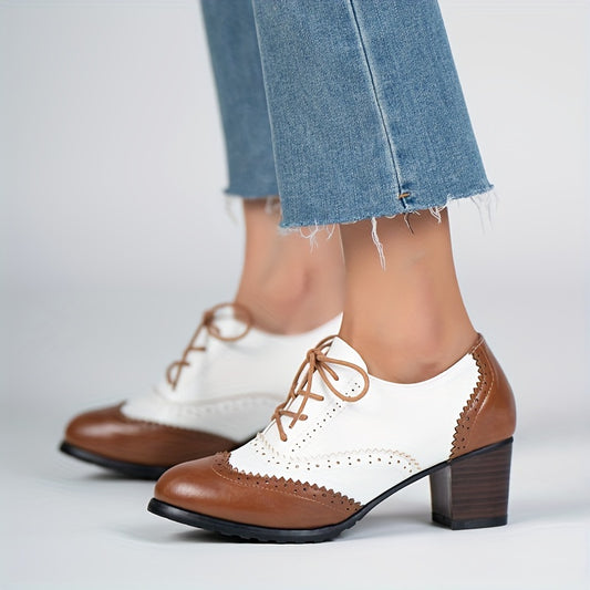 Women's Perforated Pumps Colorblock Lace Up Stacked Chunky Heels