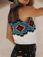 Geo Print Polo Neck Tank Top Vintage Sleeveless Tank Top