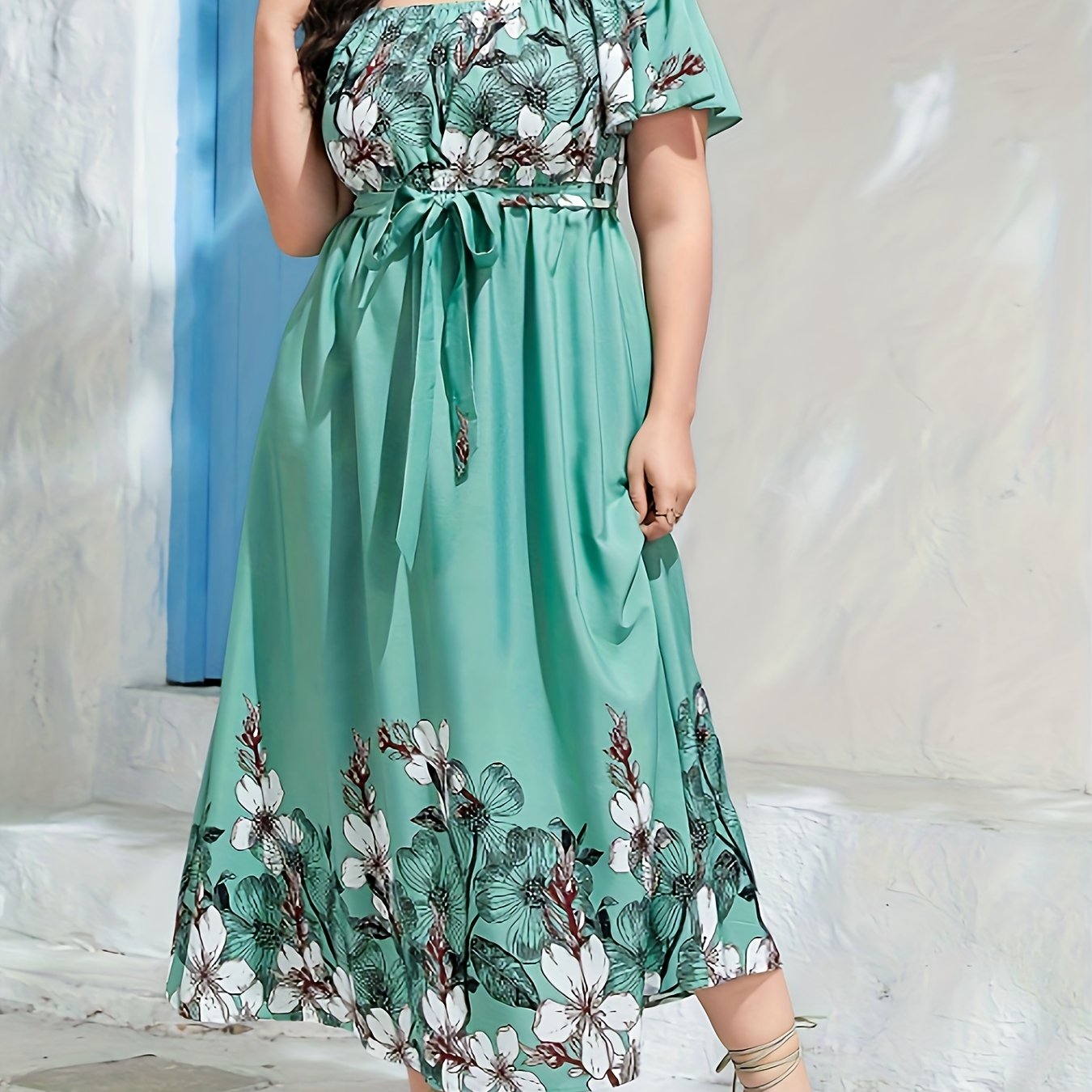 Women's Plus Floral Maxi Dress Off Shoulder With Belt