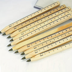 3pcs Multifunctional Ballpoint Pens with Wooden Ruler for School & Office