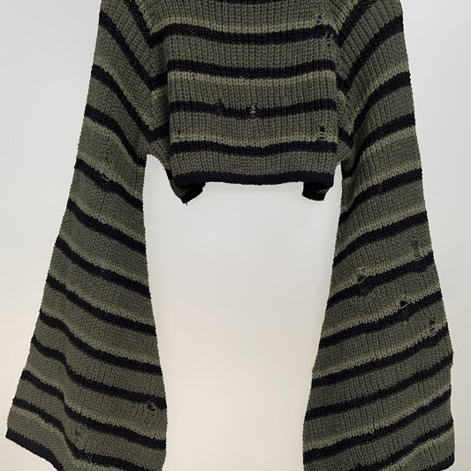  Punk Sweater Women's Plus Colorblock Stripe Print Bell Sleeve Mock Nec