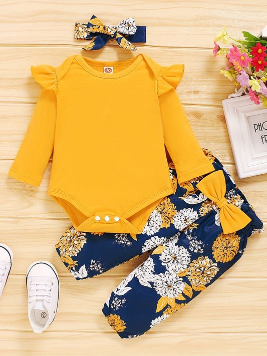 2pcs Baby Girl Ruffle Romper Floral Pants Set Newborn Outfit