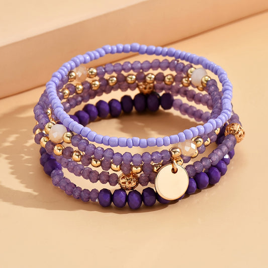 Flat Round Pendant Beaded Bracelet Set 5 Pcs