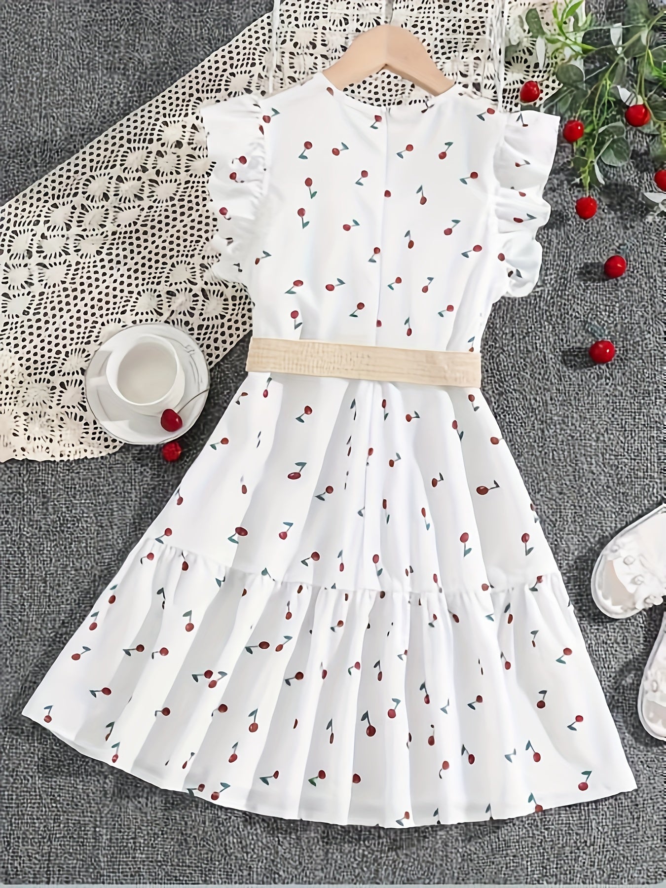 Girls Mesh Neck Berry Dress with Ruffle Sleeve