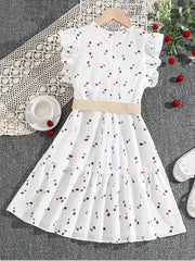 Girls Mesh Neck Berry Dress with Ruffle Sleeve