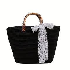 Straw Large Capacity Handbag with Lace Ribbon - Beach Bag
