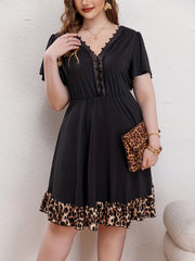 Women's Plus Colorblock Leopard Print Contrast Lace Dress