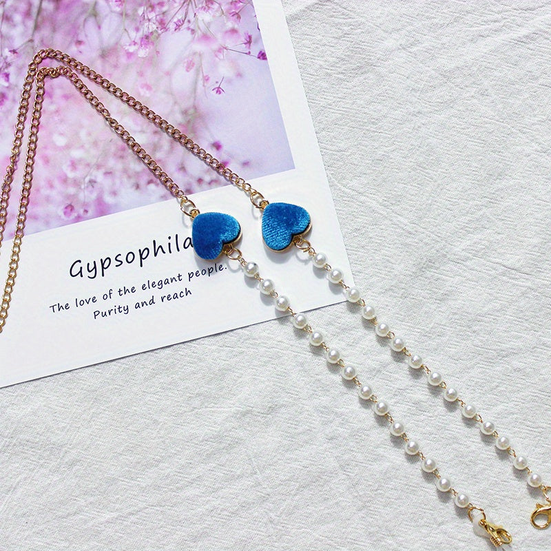 Velvet Double Heart Pendant Mask Chain with Faux Pearl Detail