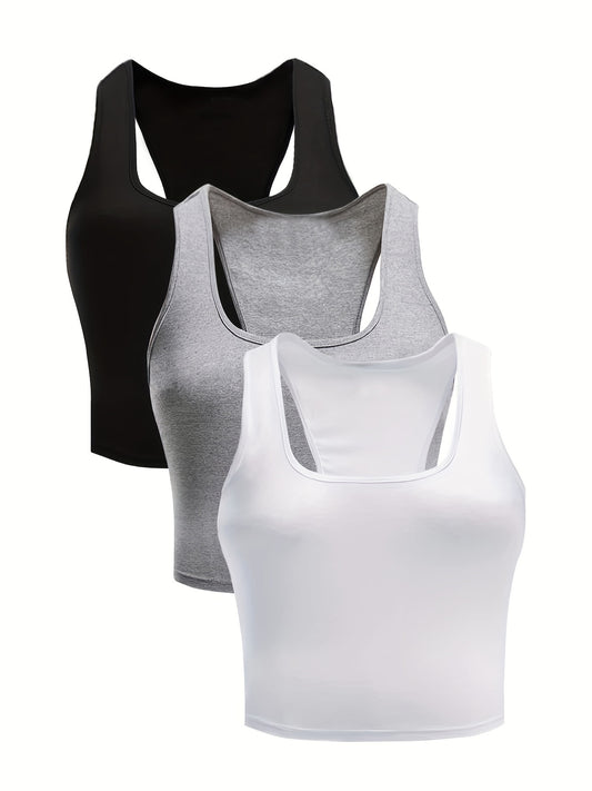 3 Pack Plus Size Tank Top Set Women's Plus Plain Round Neck Medium Stretch Tank