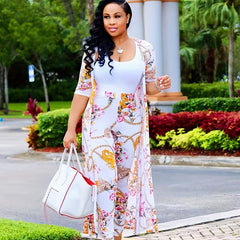 Chain & Floral Print 2pc Set Open Front Coat & High Waist Pants