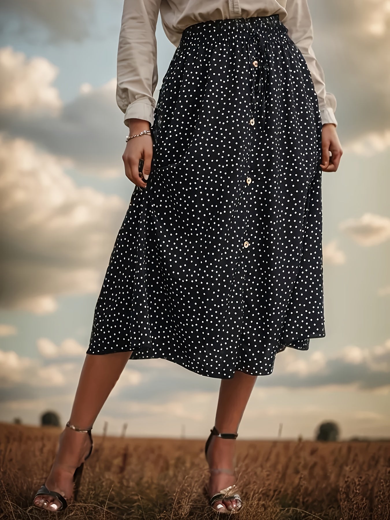  Polka Dot Print Elastic Waist Retro Skirt