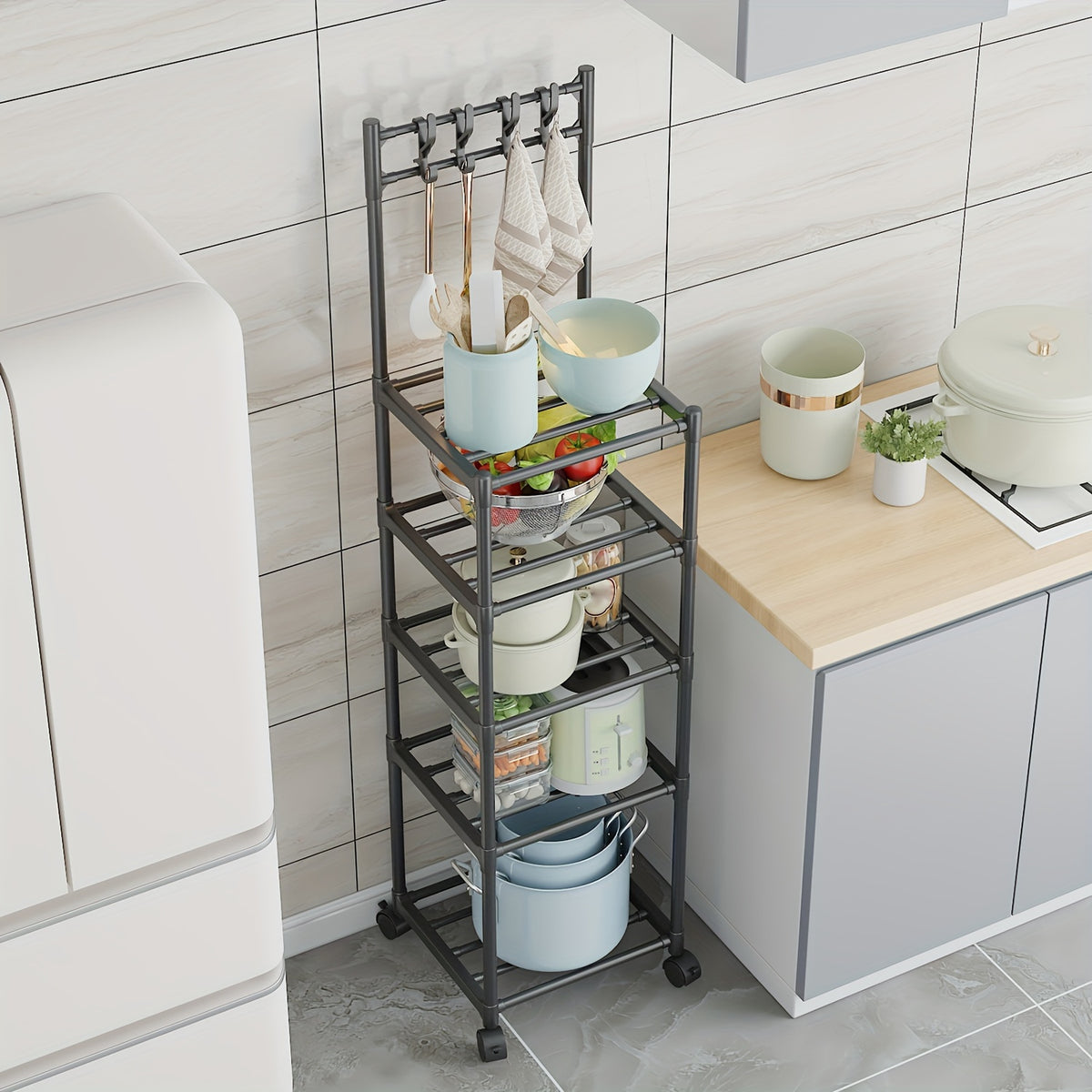 5 Layer Kitchen Storage Rack with Pulleys & Hooks Standing Rack