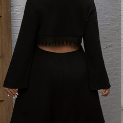  Dress Women's Solid Bell Sleeve Round Neck Frill Trim Dress