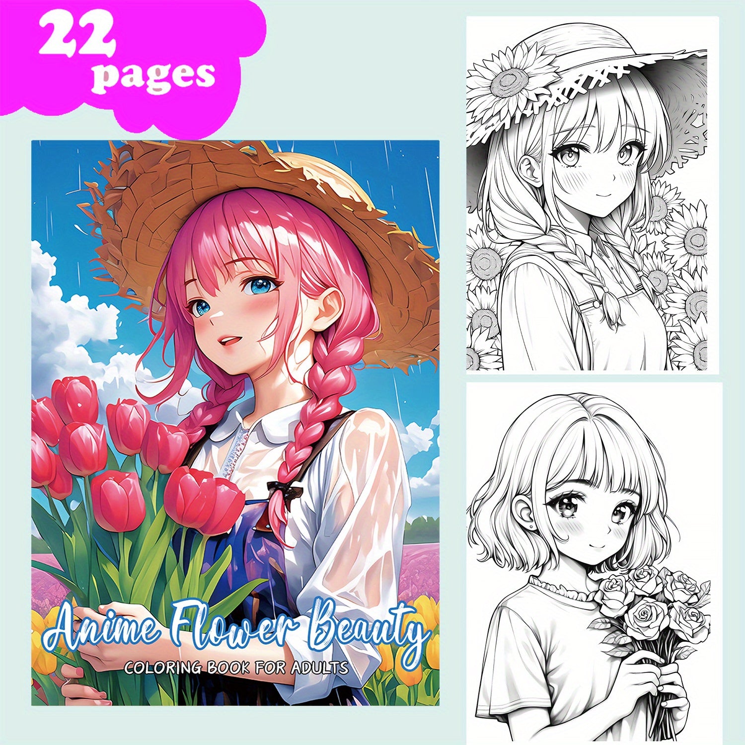 Anime Flower Beauty Coloring Book for Adults - 22 Pages