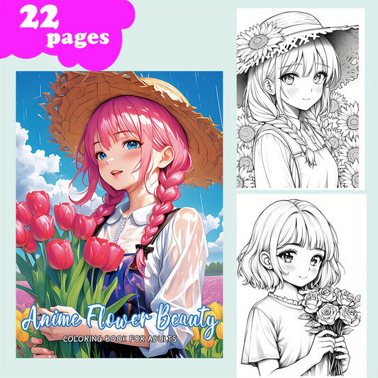 Anime Flower Beauty Coloring Book for Adults - 22 Pages