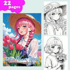 Anime Flower Beauty Coloring Book for Adults - 22 Pages