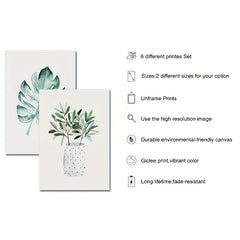 6pcs Watercolor Green Plant Leaves Botanical Art Canvas Poster