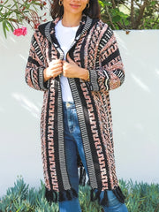  Boho Hooded Cardigan Women's Colorblock Fringe Trim Open Front